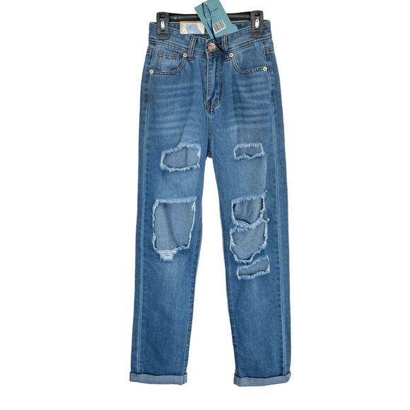 AQ Jeans JRS SZ 3 Cuffed Jeans Hi-Rise Zip-Fly Whiskered Distressed Rips Blue - Picture 1 of 12